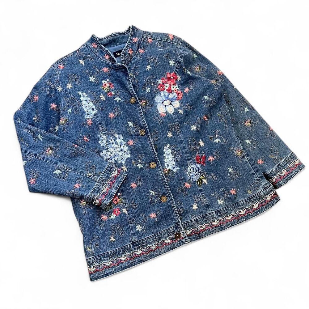 VTG 90s Denim & Co All Over Embroidered Denim Chore Jacket